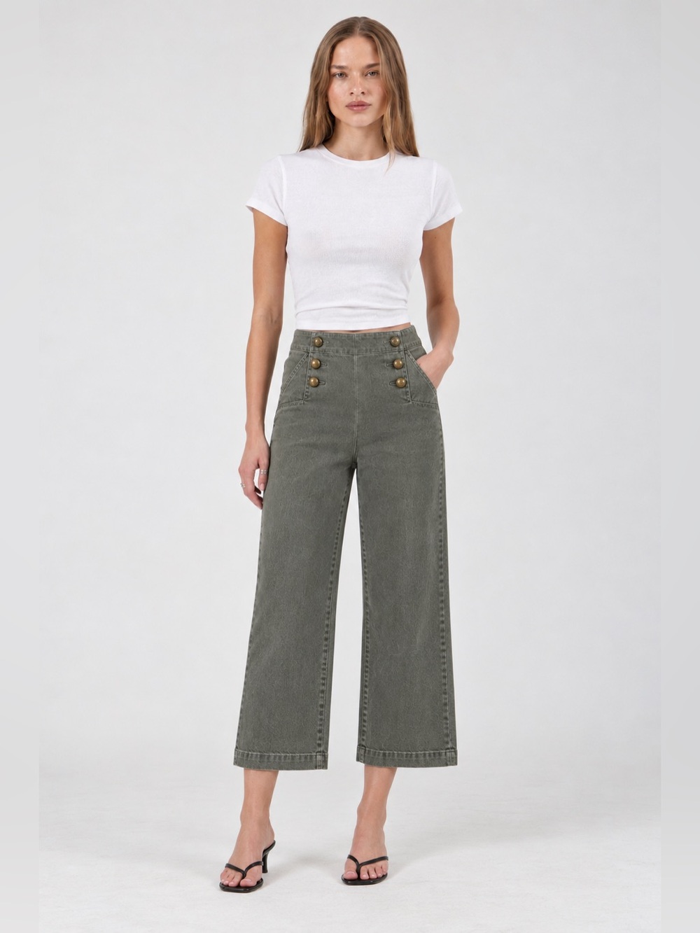 Oraije Paris Olive Green Sailor Button Wide Leg Pants – Size 8